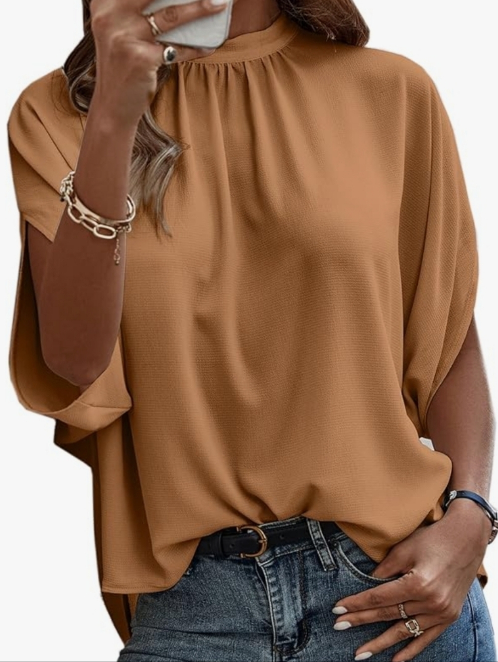 Women's Short Sleeve Mock Neck Blouse in Camel